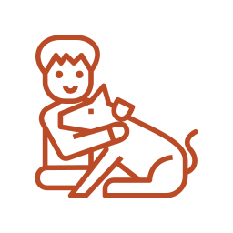 Line drawing of a person sitting and hugging a dog, both facing forward.