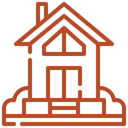 Simple line drawing of a house with a triangular roof, two windows, centered door, and shrubbery or bushes on either side.