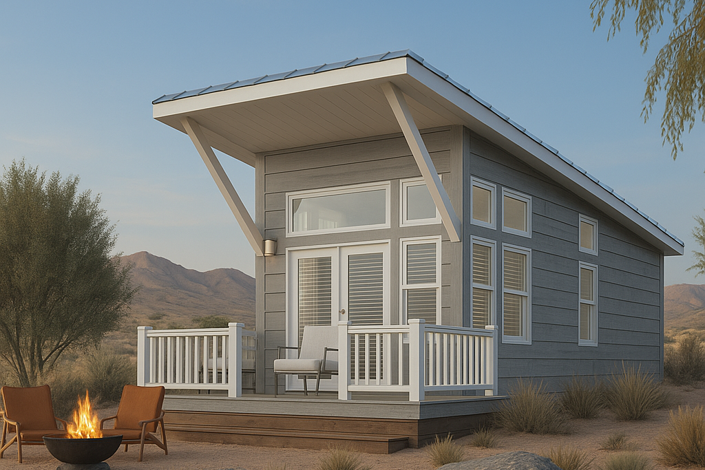 A small modern house with a front porch sits in a desert landscape, with two chairs and a fire pit in the foreground and mountains in the background.