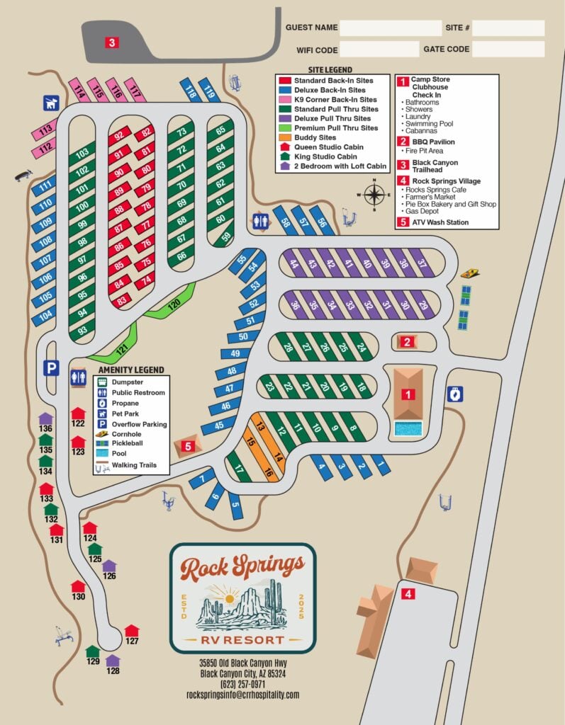 Map of Rock Springs RV Resort showing color-coded RV sites, cabins, amenities, parking, walking trails, and facility locations with legend and contact information at the bottom.